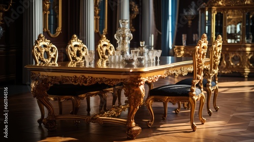 A touch of grandeur: Step into a world of luxury with a gold plated baroque kitchen table, an epitome of opulence, providing a perfect backdrop for presenting elite interior design and upscale living
