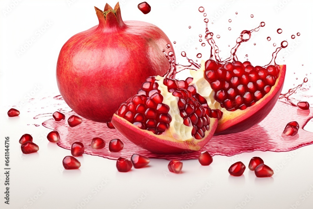 Ripe pomegranate seeds with splashes of juice on white, pomegranate juice, fresh fruit isolated, pomegranate fruit juice Ripe pomegranate seeds with splashes of juice on white, pomegranate juice, fresh fruit isolated, pomegranate fruit juice