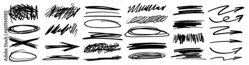 Grunge scrawls, charcoal scribbles, rough brush strokes, underlines and circles. Bold charcoal freehand stripes and ink shapes. Crayon or marker scribbles. Vector illustration