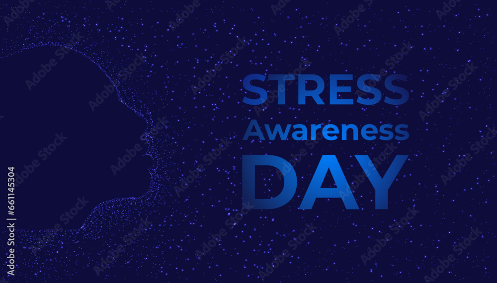 National Stress Awareness Day for background banner poster. Neon face silhouette
