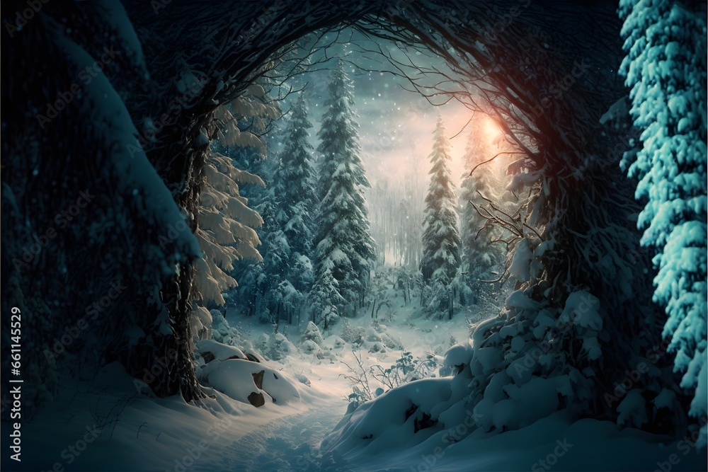 snowy enchanted woods north pole magical mysterious bright and colorful realistic 4k  - obrazy, fototapety, plakaty 