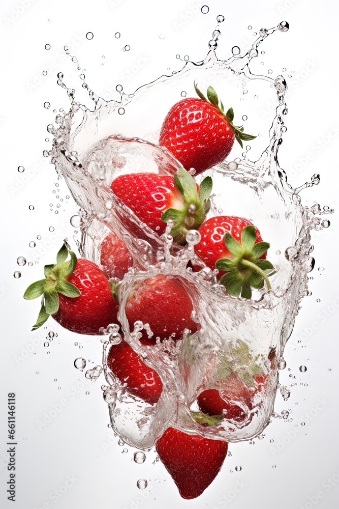 strawberries falling into a splash of water isolated from its background strawberries falling into a splash of water isolated from its background