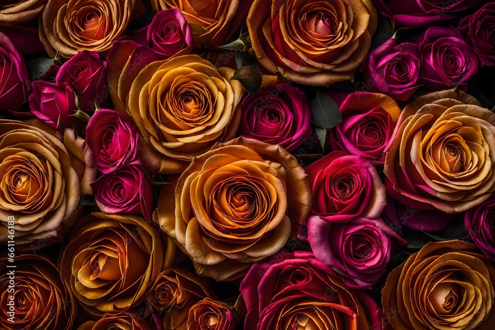 A vast field of roses glowing in shades of gold and pink - AI Generative A vast field of roses glowing in shades of gold and pink - AI Generative