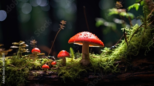 "Nature's vibrant gem: A red mushroom amidst the mossy floors, an enchanting display of forest life and the lush ecosystem of this iconic woodland."