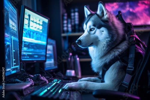 Dog Husky code developer. Husky Dog hacker. Horizontal banking background for web. Photo AI Generated