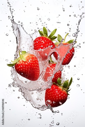 strawberries falling into a splash of water isolated from its background