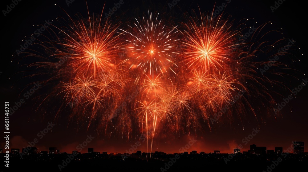 New Year's burst of color: A frame of spectacular orange fireworks in the dark night sets the stage for a festive celebration, perfect for greeting cards, banners, and holiday parties