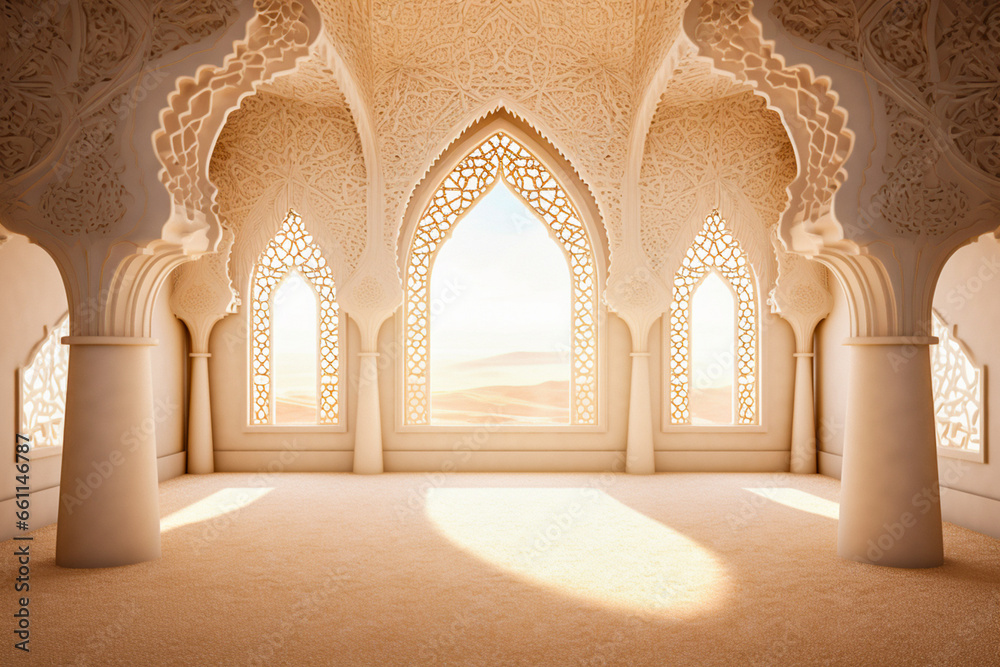 A room decorated with intricate arabic patterns on the walls and ceiling. The room is lit by the bright sunlight coming in through the windows. Dreamy mood. - obrazy, fototapety, plakaty 