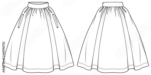 Women dirndl Skirt flat sketch illustration with front and back view, bell skirt fashion technical drawing vector template mock up