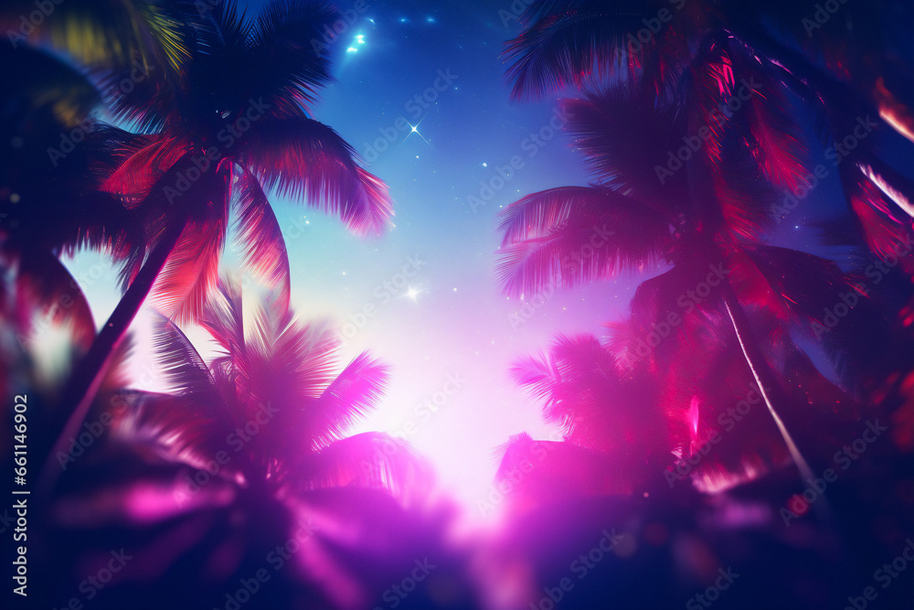 A tropical scene with palm trees silhouetted against a starry night sky with a gradient of pink, purple, and blue with stars scattered throughout. Dreamlike quality with a soft glow and blurred edges.