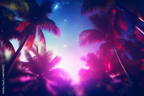 A tropical scene with palm trees silhouetted against a starry night sky with a gradient of pink, purple, and blue with stars scattered throughout. Dreamlike quality with a soft glow and blurred edges. © Andrey