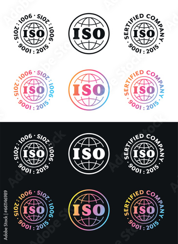 Collection of ISO 9001:2015 certification stamps of 3 types: white, black and colored. Vector, design