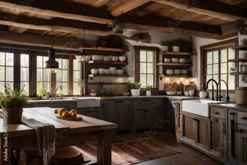 A cozy farmhouse-style kitchen with warm wooden elements - AI Generative