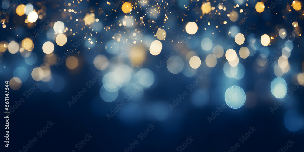 Hintergrund mit Glitter, Lichter, Lichterkette, Funkeln, Sterne in blau, gold und schwarz als bokeh Banner - obrazy, fototapety, plakaty 