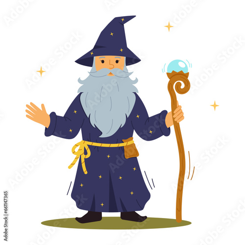 Cartoon wizard in a hat and with a magic stick. Vector illustration