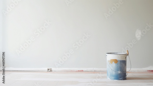a bucket or jar of paint on the background of a painted wall, repair, construction, house, apartment, painting, colorful, workshop, space for text, bright colors, interior, design, studio