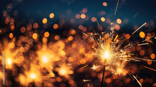 Festive sparkler night: A captivating celebration with many burning sparklers illuminating the dark black night, creating a magical atmosphere for New Year's Eve, parties, and special occasions