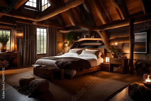 An image of a cozy rustic bedroom with a warm and inviting ambiance - AI Generative