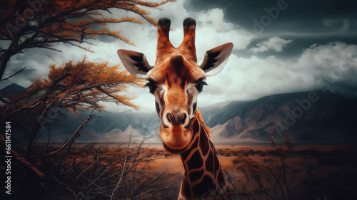Retrato de una jirafa mirando a la cámara photo