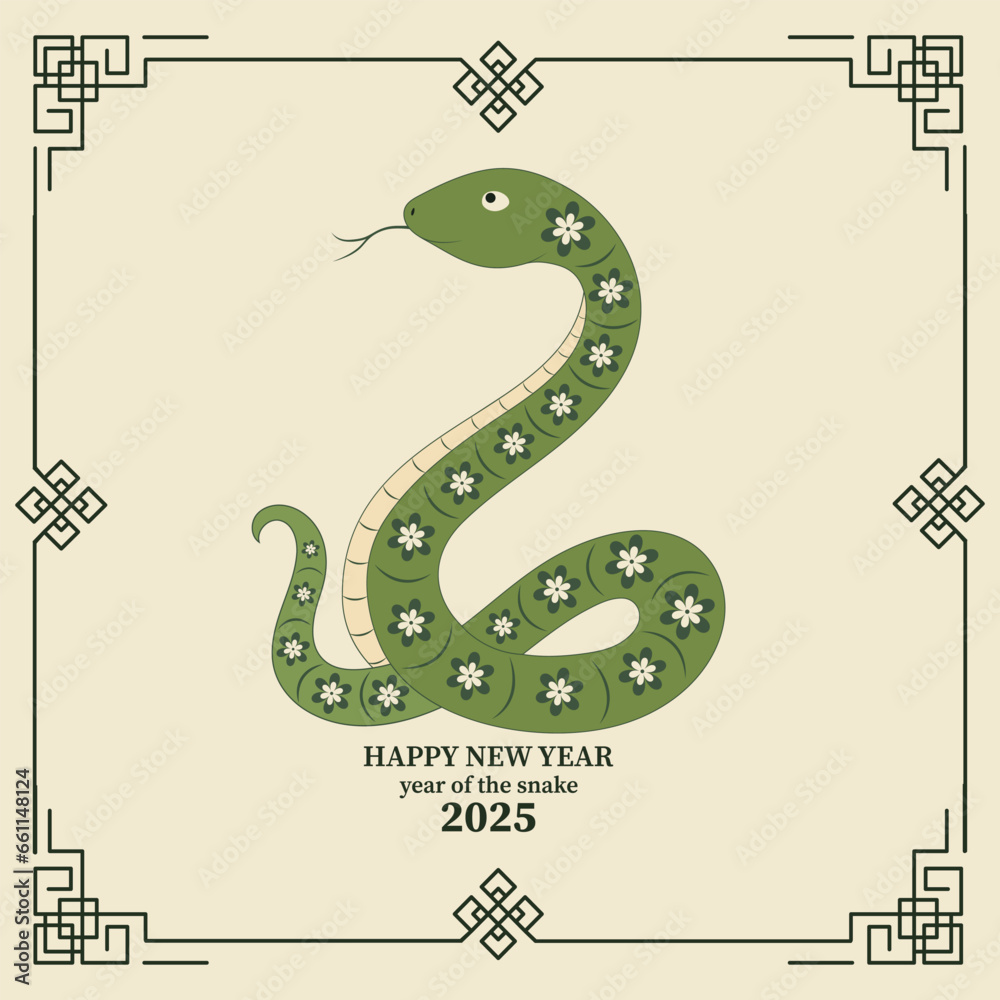 Fototapeta premium Happy New Year 2025 postcard with green snake. Vector illustration