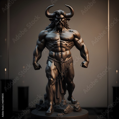 sculpture of a minotaur standing front facing hyperrealistic intricate furry ferocious savage violent strong muscles hoofs horns bull head 8k ar 52 