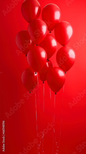 Red balloons on a red background. Valentine's Day. Copy space.