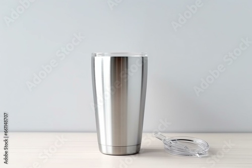 Blank stainless steel tumbler on white table background. Generative AI
