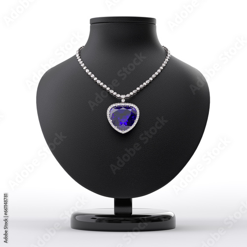 Luxurious necklace of diamonds and blue sapphire in the form of a heart on a leather stand in the form of a bust. White background. Jewelry showcase. 3d rendering.