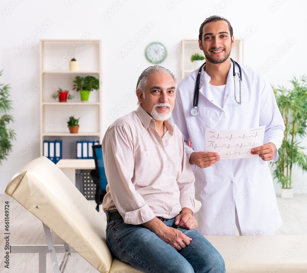 Fototapeta premium Old man visiting young male doctor cardiologist