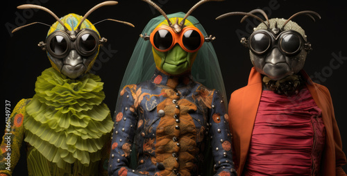 Three people dressed as insects with glasses on, AI © starush