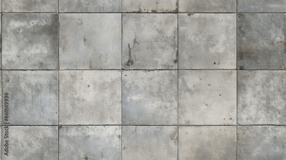 Naklejka premium Vintage charm: An old brown and gray rusty square mosaic of patchwork motif tiles adorns the aged concrete wall, creating a shabby, retro texture for your wallpaper background