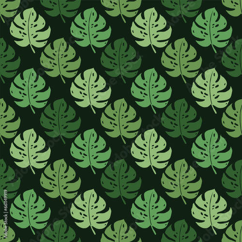 Monstera deliciosa tropical leaves seamless pattern. Vector background. Beautiful allover print with hand drawn exotic plants.