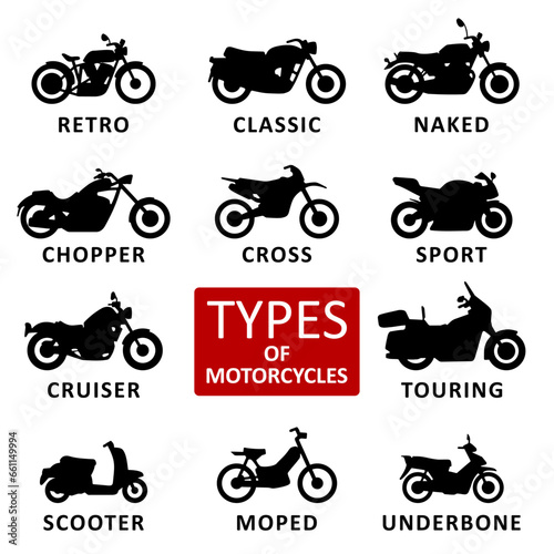 Motorcycle type and model icons set. Vector black illustration isolated on white