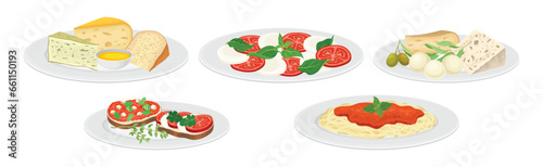 Italian Food and Traditional Dishes Served Vector Set