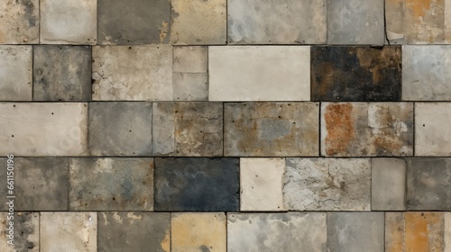 Vintage charm: An old brown and gray rusty square mosaic of patchwork motif tiles adorns the aged concrete wall, creating a shabby, retro texture for your wallpaper background