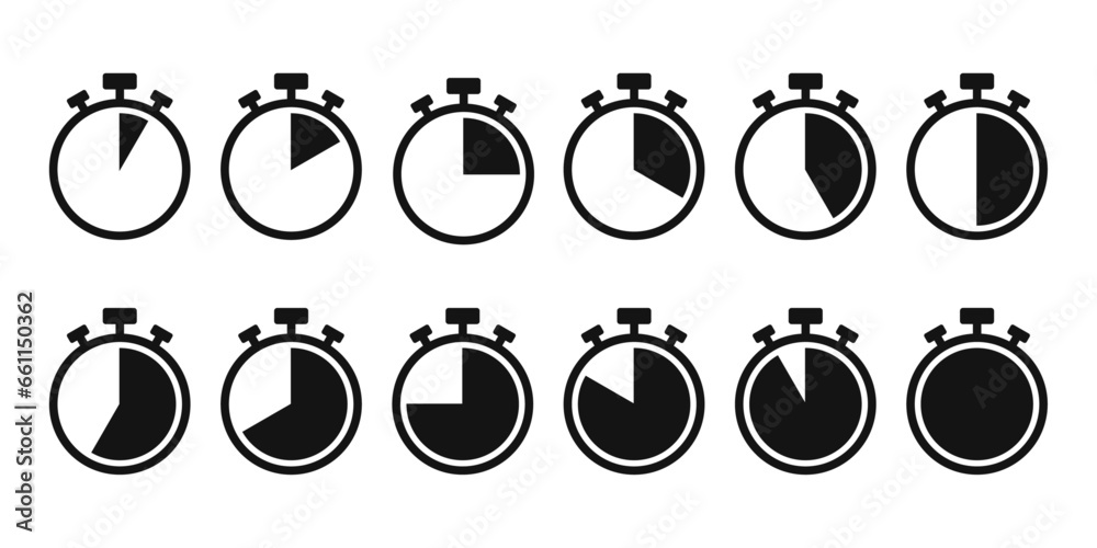 Stopwatch icons set. Clock and timer icons set. Timer symbols Stopwatch icons set. Clock and timer icons set. Timer symbols