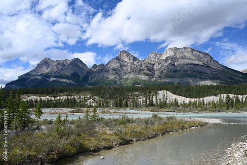 Landscape of Canada with river and Mountains. Banff National Park, Alberta, Canada.
