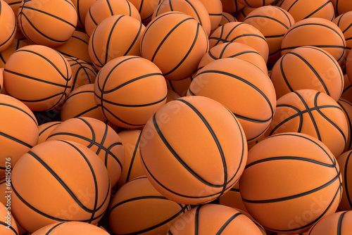 Many of flying orange basketball ball falling on blue background © Vasyl Onyskiv