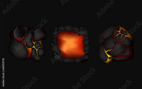 Stylized abstract background of volcano magma glow texture in cracking holes.Destroyed earth surface and flowing lava.Shine texture after an earthquake.