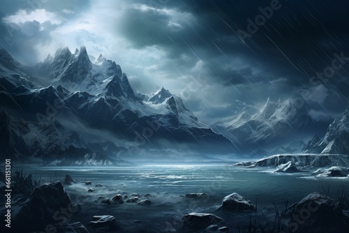 Stormy over water with ice chunks, distant mountain, changing climate. Generative AI