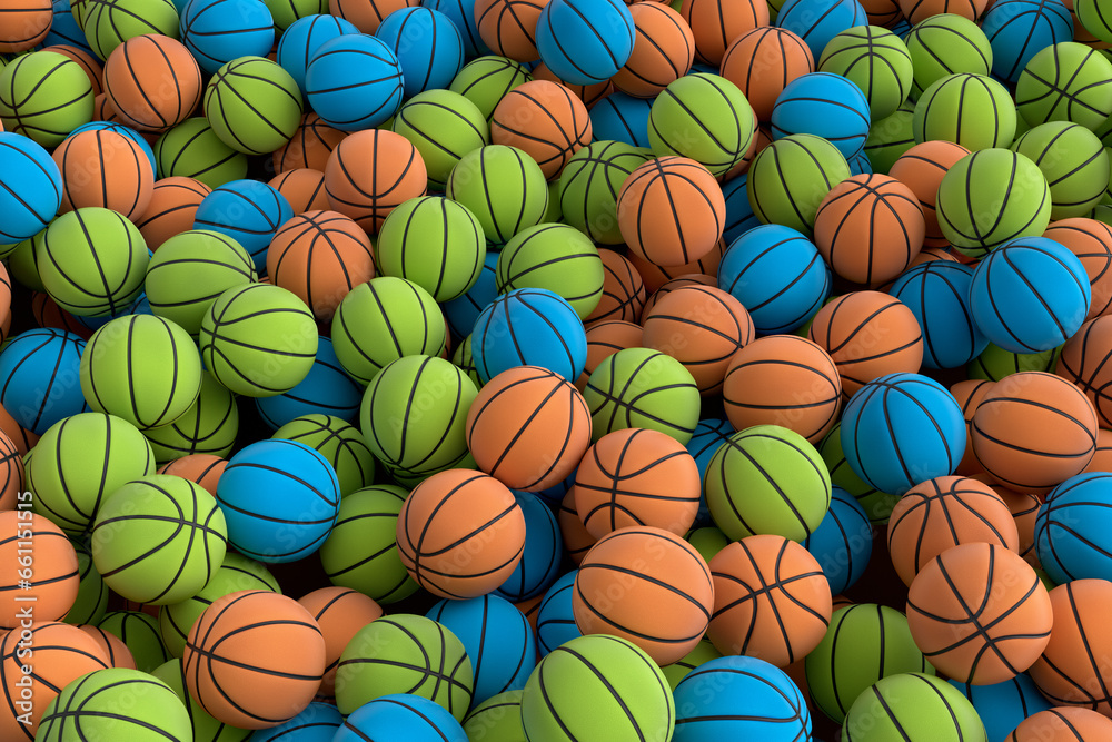 Many of flying multicolor basketball ball falling on black background