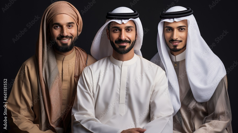 A studio portrait of Arabic Muslim adults in traditional clothing, reflecting the harmonious coexistence of cultural diversity