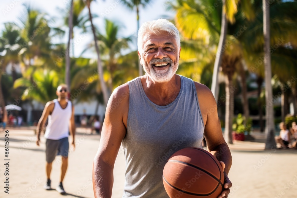 Active senior friends enjoy a game of basketball in the park, embodying a healthy and active lifestyle.