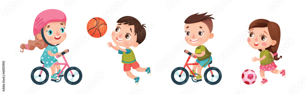 Little Kids Engaged in Sport and Physical Activity Vector Set Little Kids Engaged in Sport and Physical Activity Vector Set