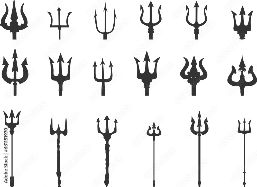 Trident silhouettes, Pitchfork silhouette, Trident Svg, Trident icon set