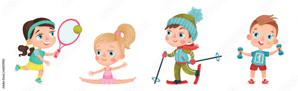 Little Kids Engaged in Sport and Physical Activity Vector Set Little Kids Engaged in Sport and Physical Activity Vector Set