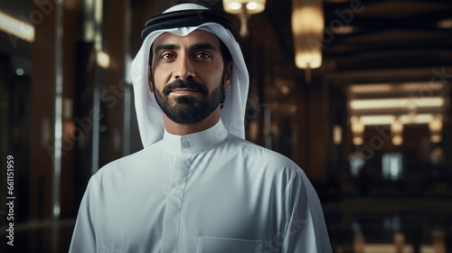 Successful Emirati professional: An Emirati Arab at the office, radiating happiness in a Kandura, symbolizing the ideal Middle East business concept