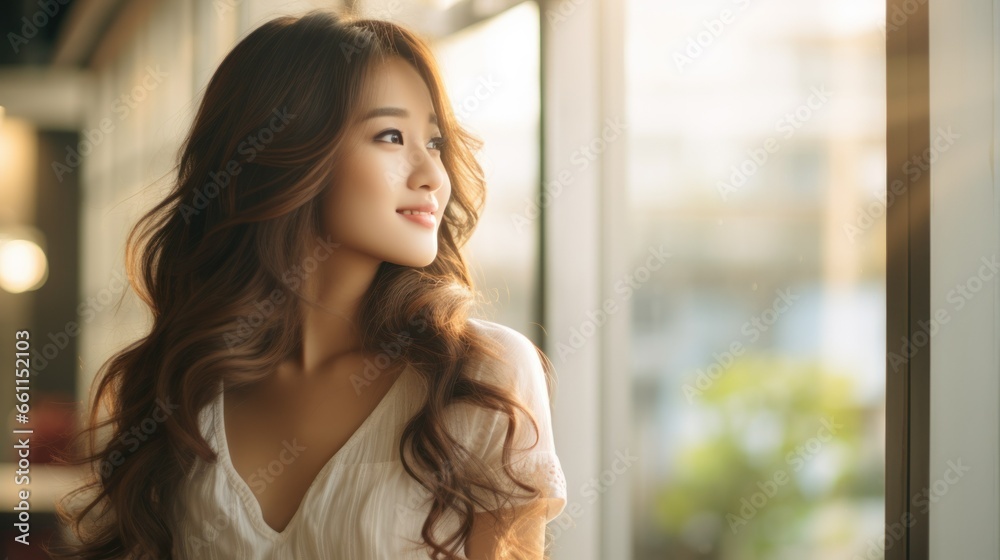 Young Asian woman looks out the window in a cafe Young Asian woman looks out the window in a cafe