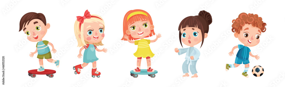 Little Kids Engaged in Sport and Physical Activity Vector Set