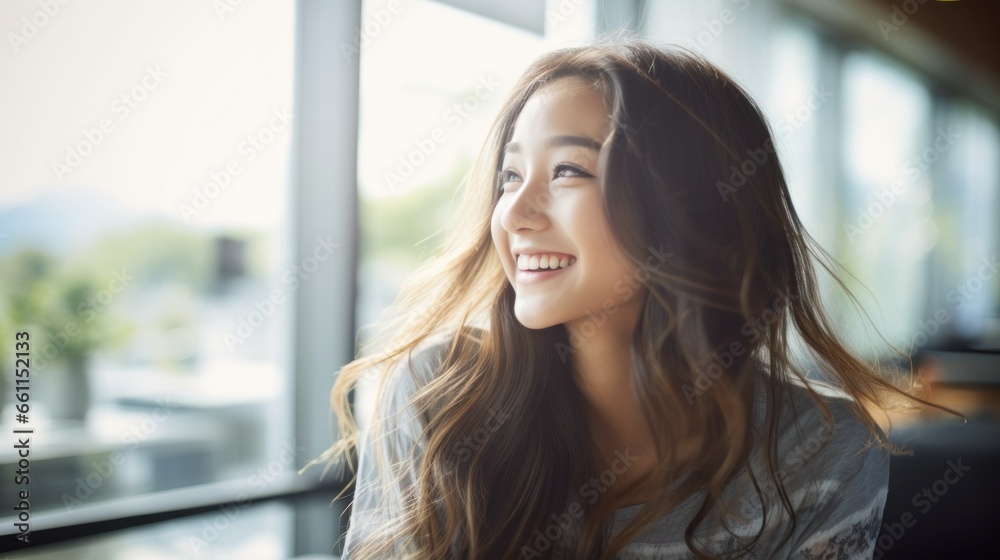 Young Asian woman looks out the window in a cafe Young Asian woman looks out the window in a cafe
